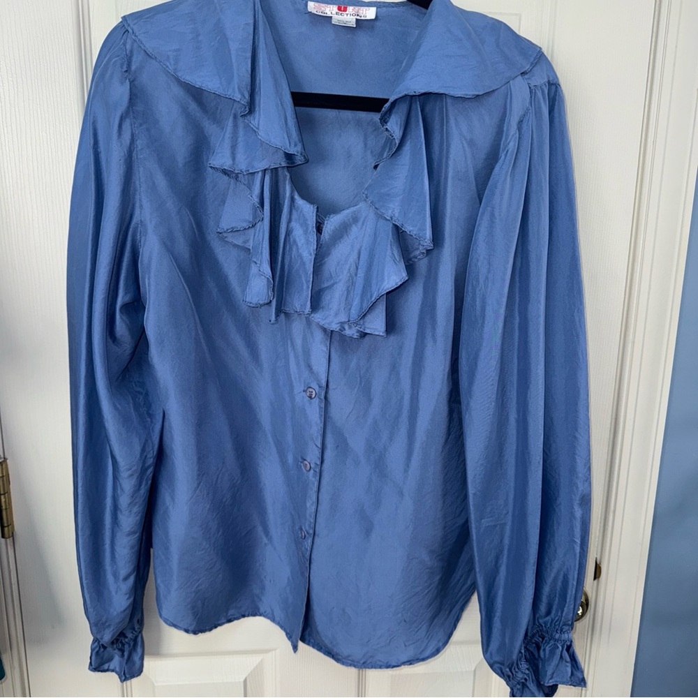 Stunt Collections 100% Silk Ruffle Collar Button Up Blouse -Size Medium Vintage